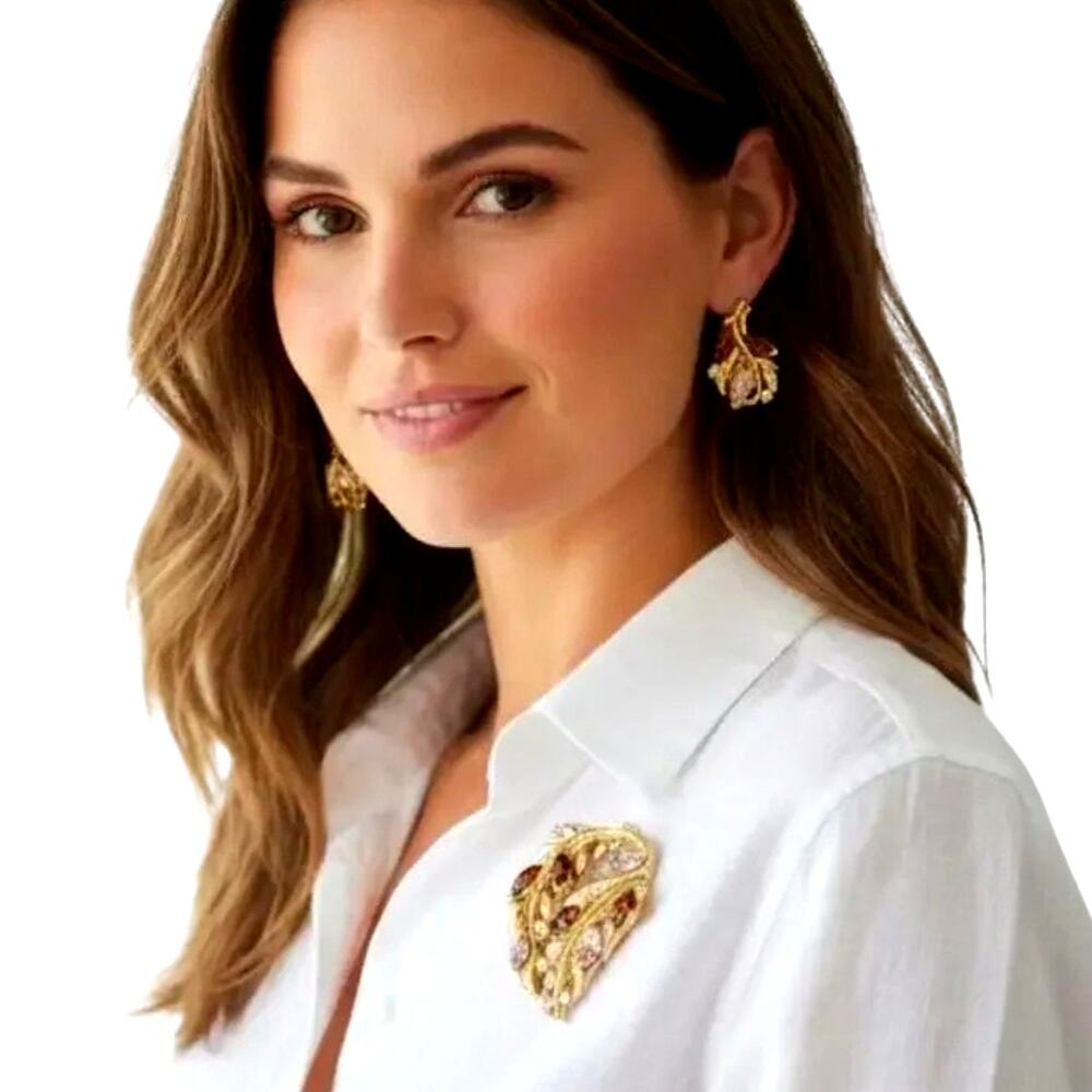 Vintage Rhinestone Brooch & Earrings | Gold Leaf Statement Set